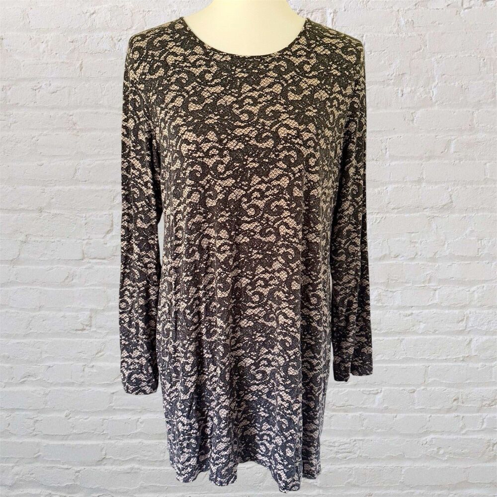 J. Jill Wearever Floral Faux Lace Print Tee Tunic Top Rayon Flowy Stretch Large